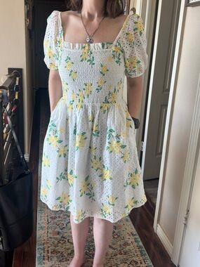 Draper James White Eyelet Dress Strap with Yellow Floral Trim